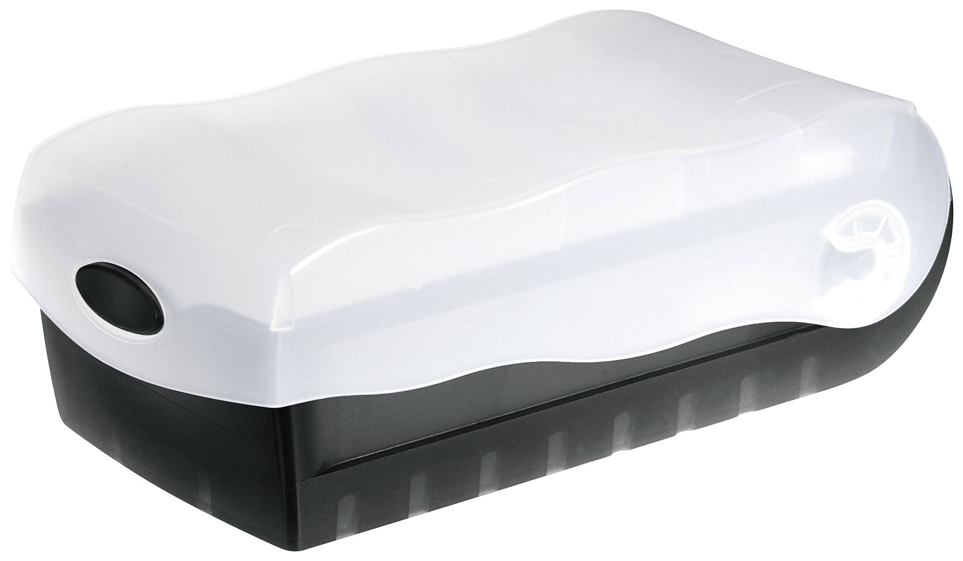 Black lunch box with a white, wavy lid and carrying handle. Perfect for safely storing food while on the go.