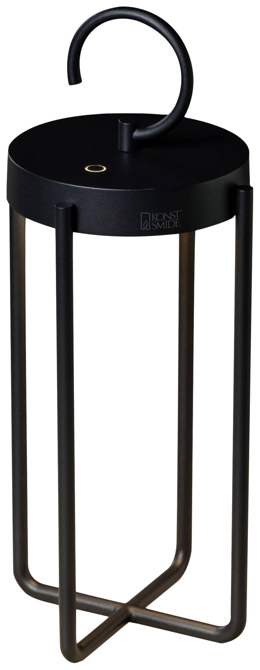 Black, modern lantern with hook and rectangular base. Ideal for stylish lighting in indoor or outdoor areas.