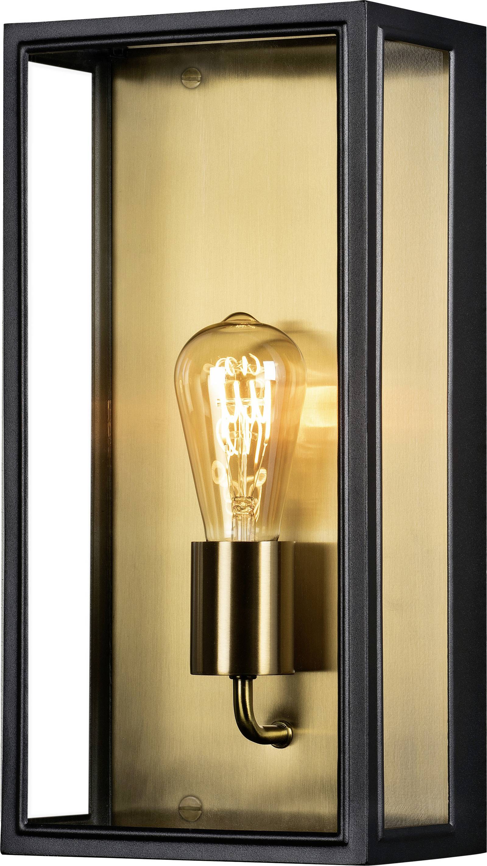 Black wall lamp with glass cover and visible light bulb, emitting warm, yellow light. Ideal for stylish lighting.