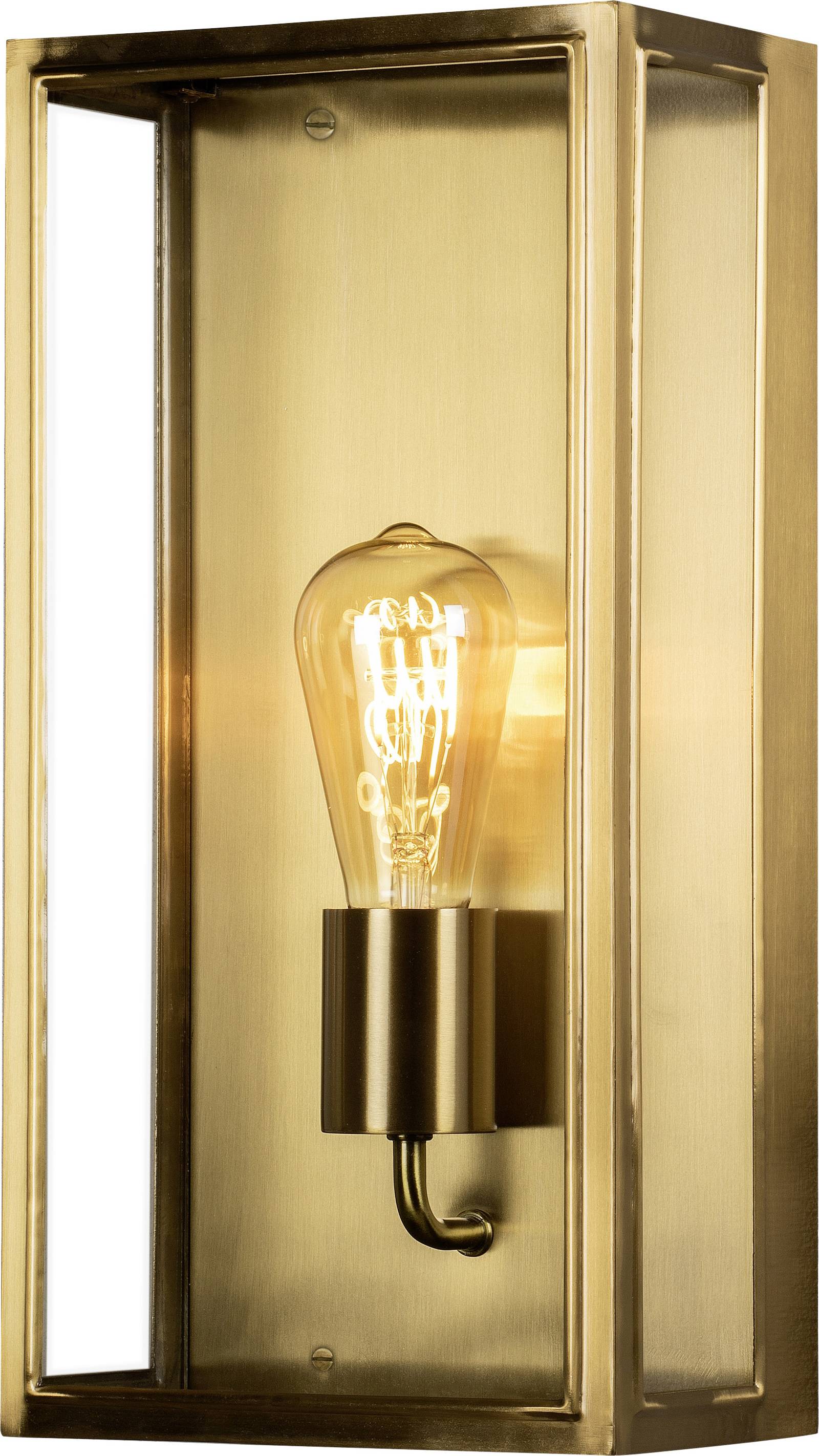Wall light with a glass frame and visible light bulb in a golden housing, switched on and emitting warm light.