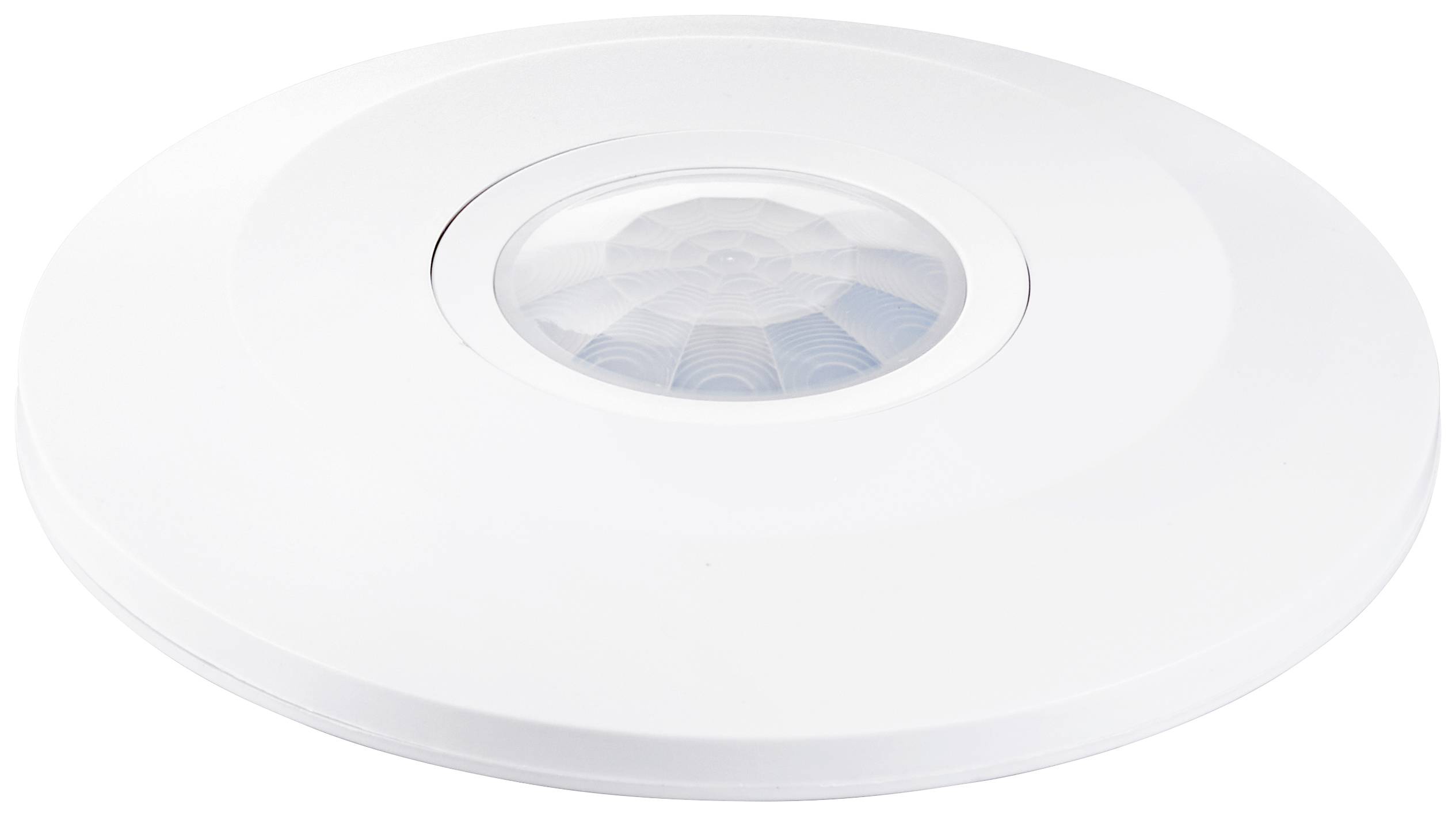 A white, circular ceiling motion sensor with a transparent central section for detecting movement in rooms.