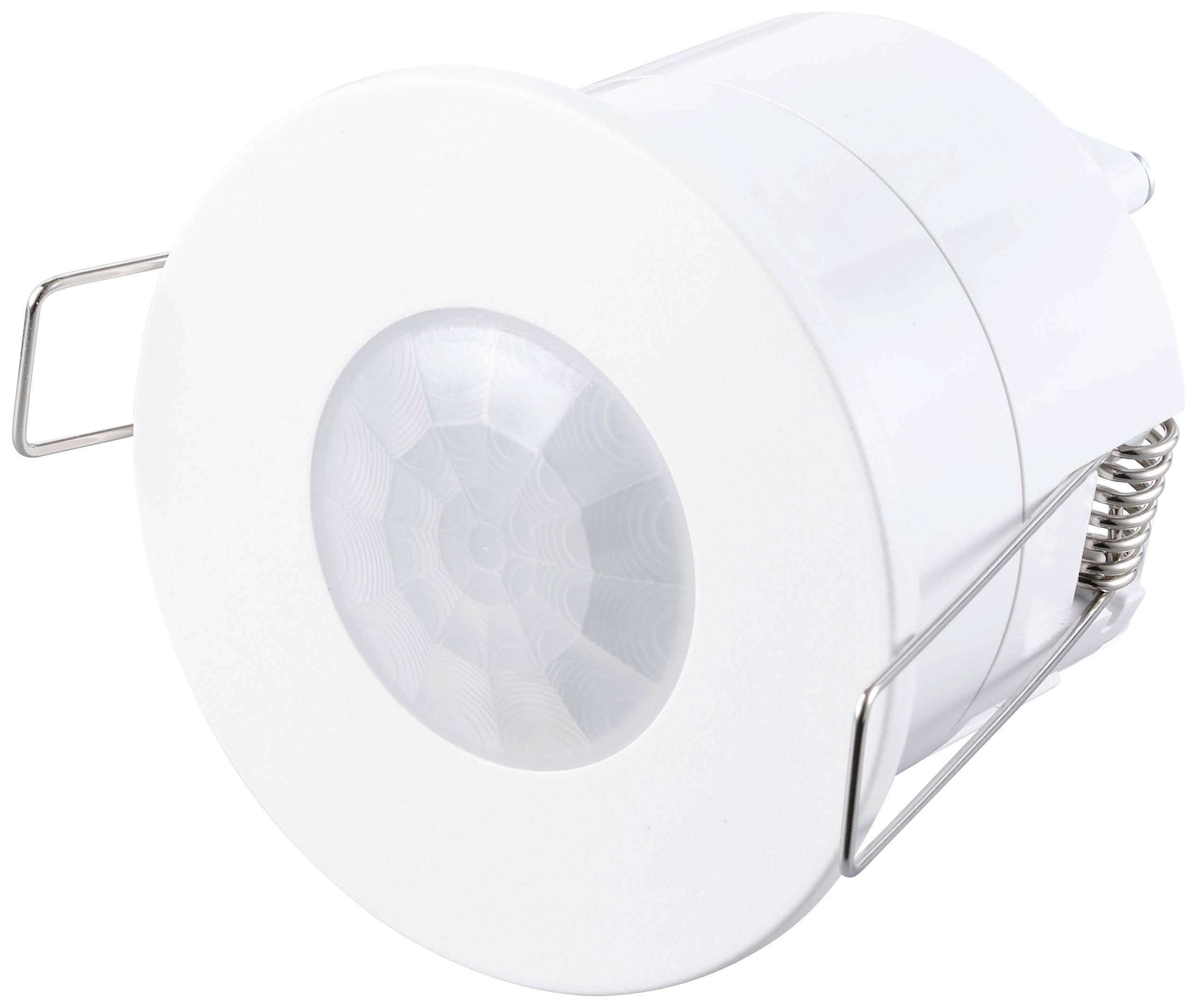 A round sensor with metal mountings, installed in a white cover. This is a ceiling-mounted motion detector.