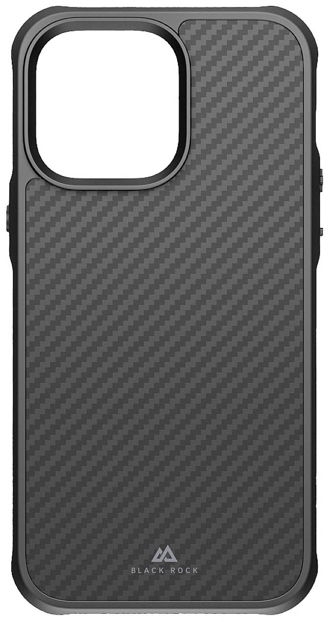 Black smartphone case with carbon fibre effect. Camera opening top left. Fine 'Black Rock' logo at the bottom.