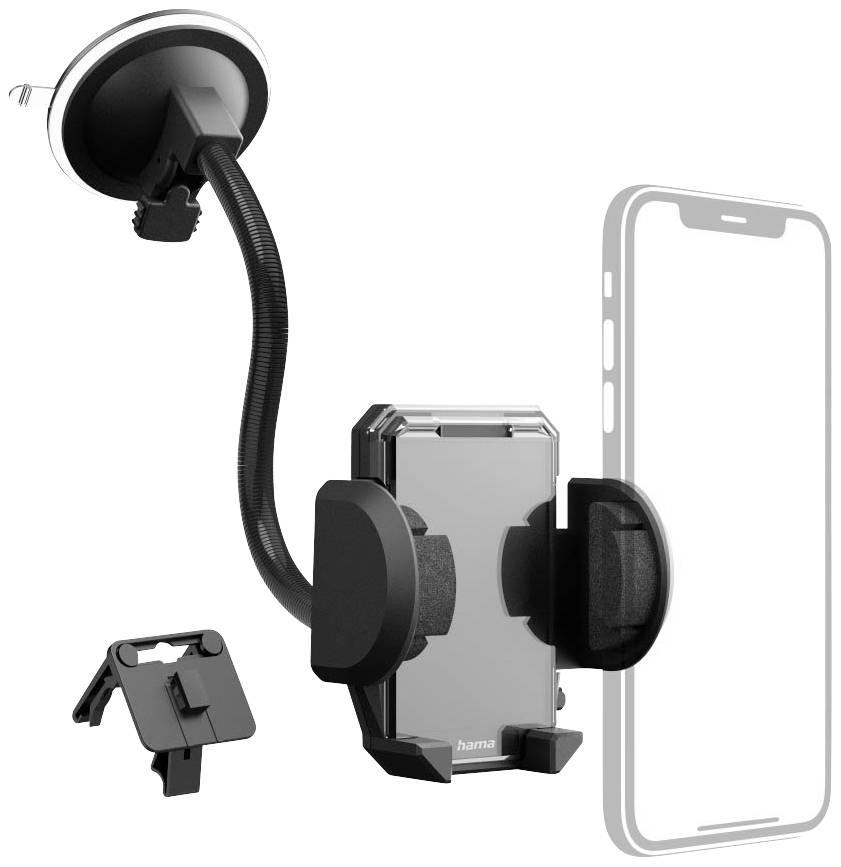 KFZ-Handyhalterung mit flexiblem Schwanenhals, Saugfuß und Klemme für Lüftungsschlitze. Geeignet für Smartphones, zeigt Befestigungsmöglichkeiten.