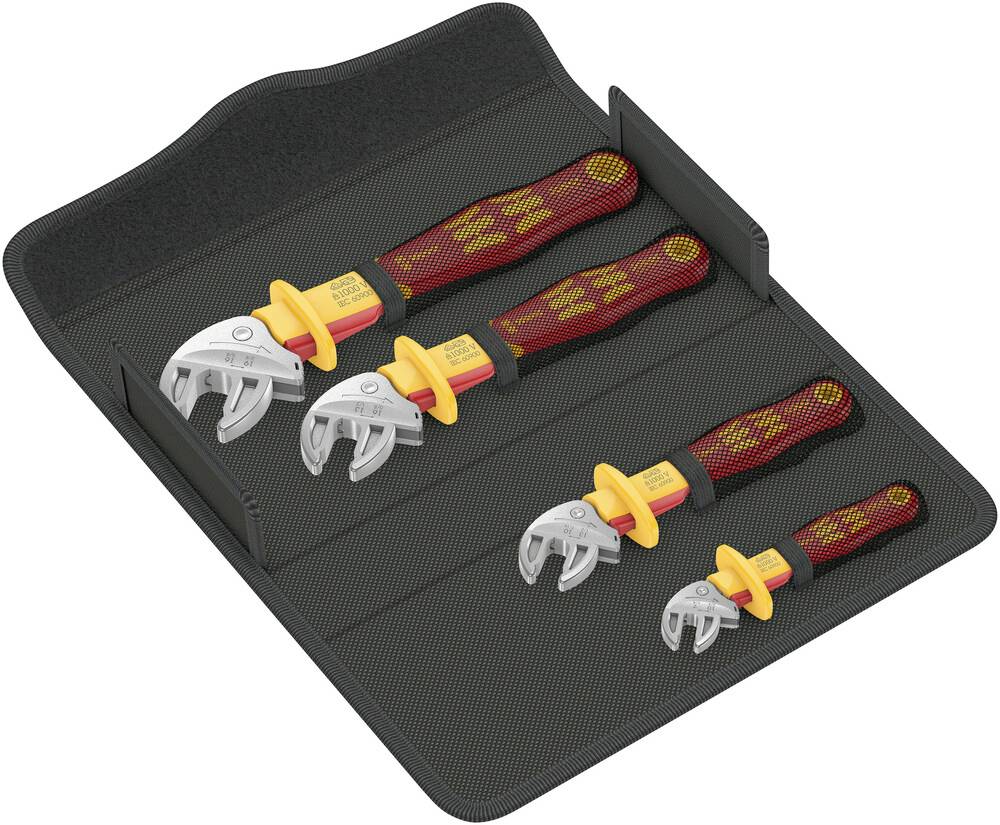 Four adjustable spanners of varying sizes with yellow handles in a black tool bag.