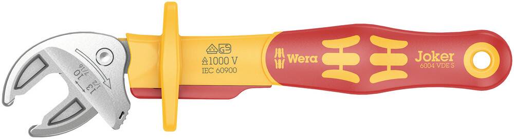 The image depicts an isolated Wera Joker spanner in red and yellow, suitable for electrical work.