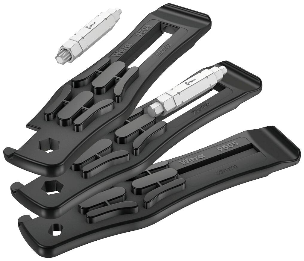 Three black Wera tyre levers with integrated bit holder and bits, designed for bicycle repairs. Perfect for on-the-go use.