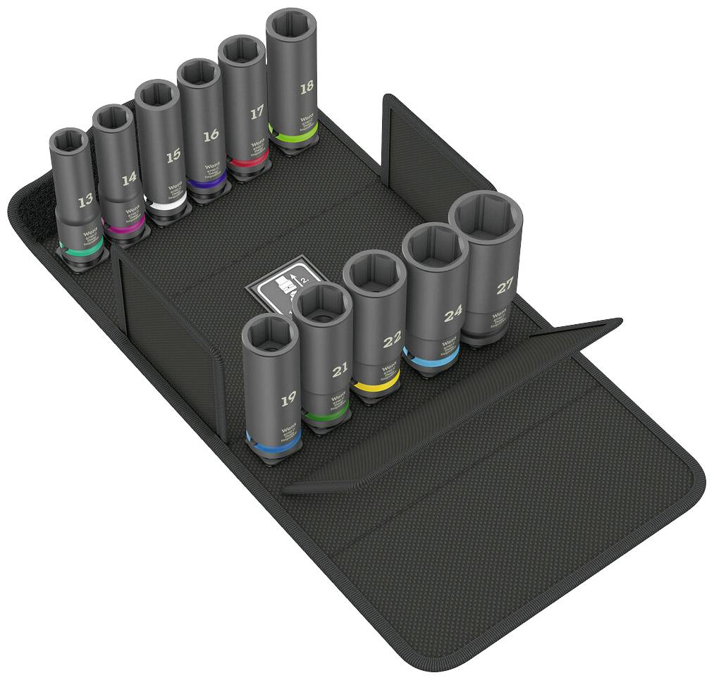 A set of eleven socket wrench inserts in various sizes, neatly arranged in a black, fold-out case.