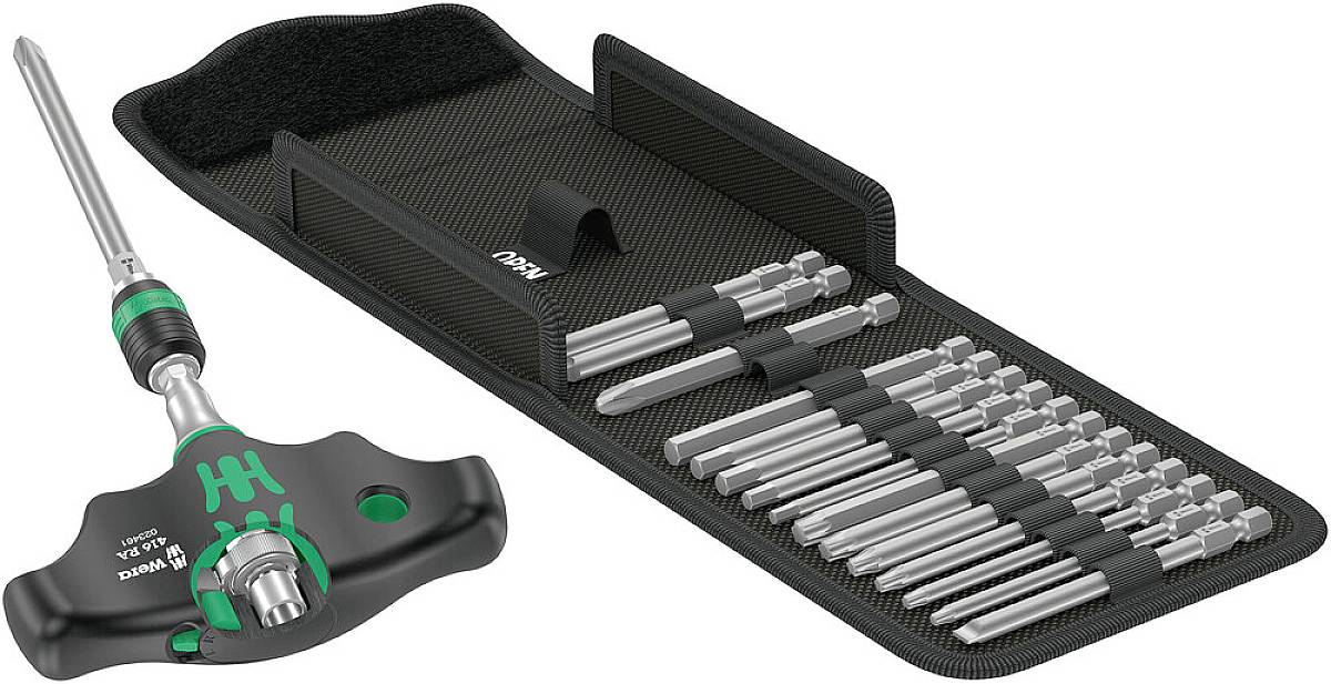 Set of screwdrivers with T-handle and various attachments in an open tool bag, ready for versatile use.
