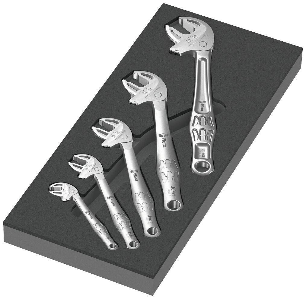 Five adjustable spanners in various sizes, arranged in a foam display for organised storage.