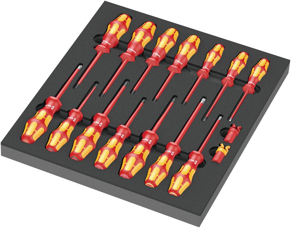 Set of screwdrivers in a foam holder. Various sizes, ideal for DIY tasks. Handles in red and yellow.