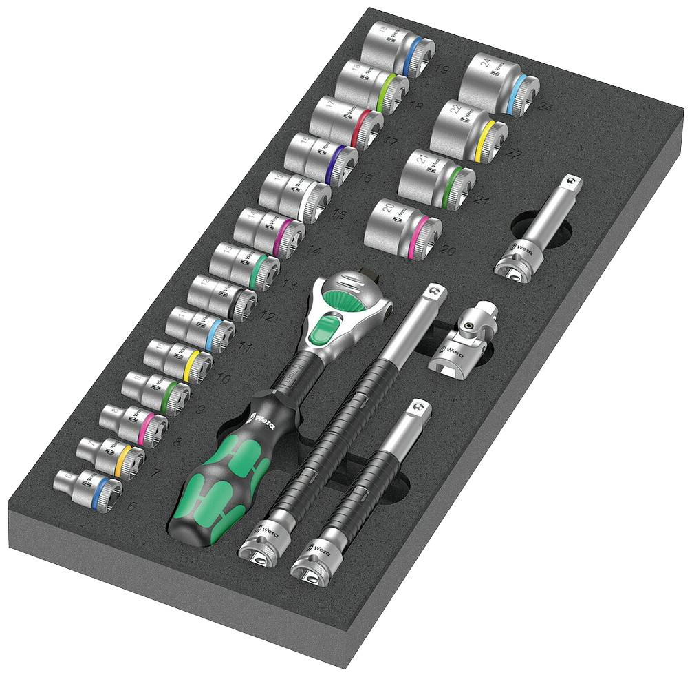 A ratchet set with 20 socket nuts, a screwdriver handle, three extensions, and a universal joint, arranged in a foam insert.