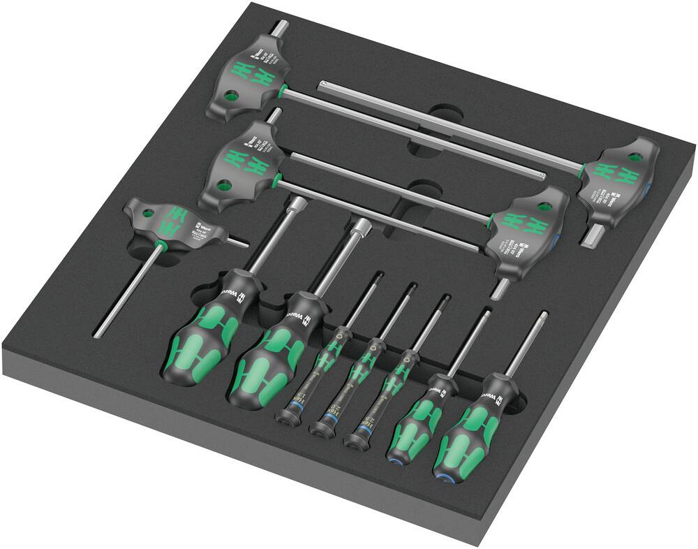 A set of screwdrivers with T-handle and standard grip in a foam holder. Some have long, others have short shafts.