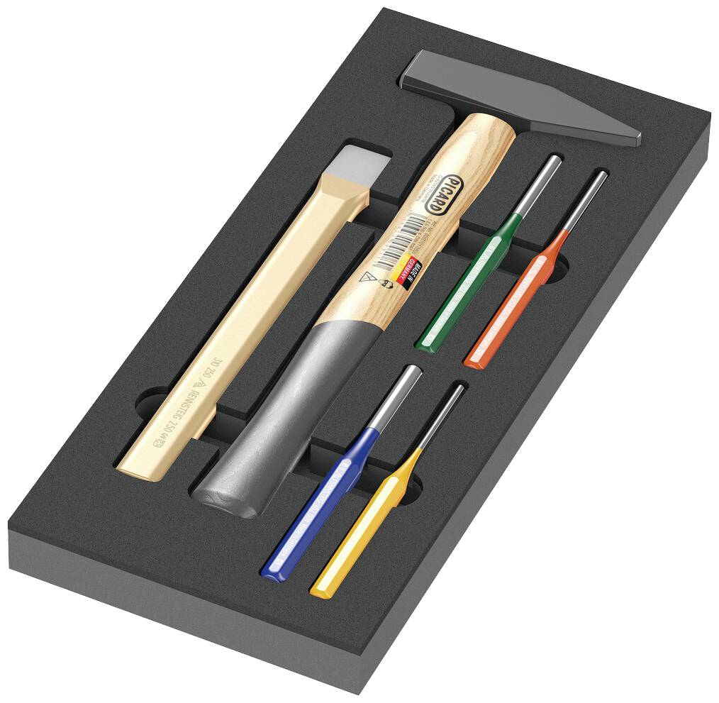 Set with hammer, pencils and chisel in foam insert. Tools are colour-sorted and neatly arranged.