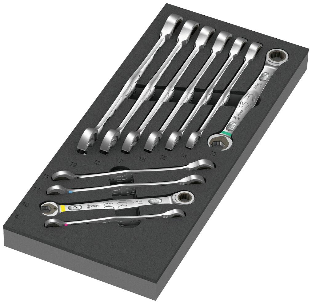 A set of high-quality open-ended spanners in a foam holder; various sizes from 8 to 19 mm are neatly arranged.