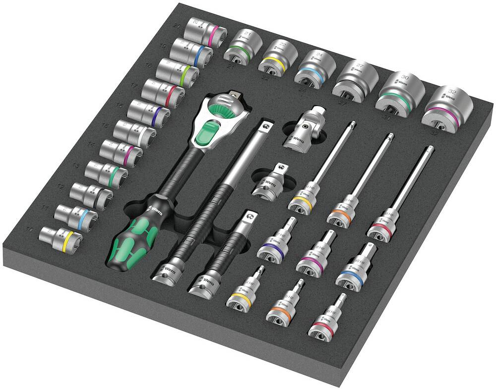 Tool set with ratchet, screwdriver and sockets in various sizes, organised in foam insert.
