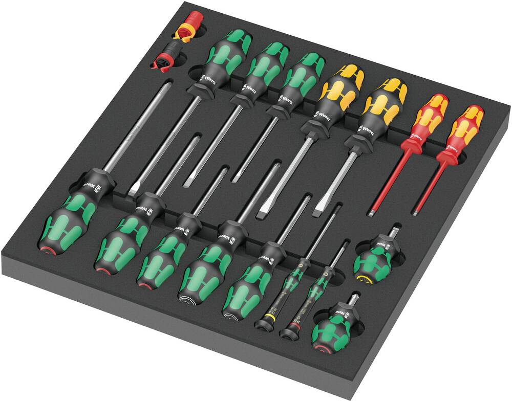 A set of 16 different screwdrivers in a non-slip foam insert. Includes slotted, Phillips and Torx screwdrivers.