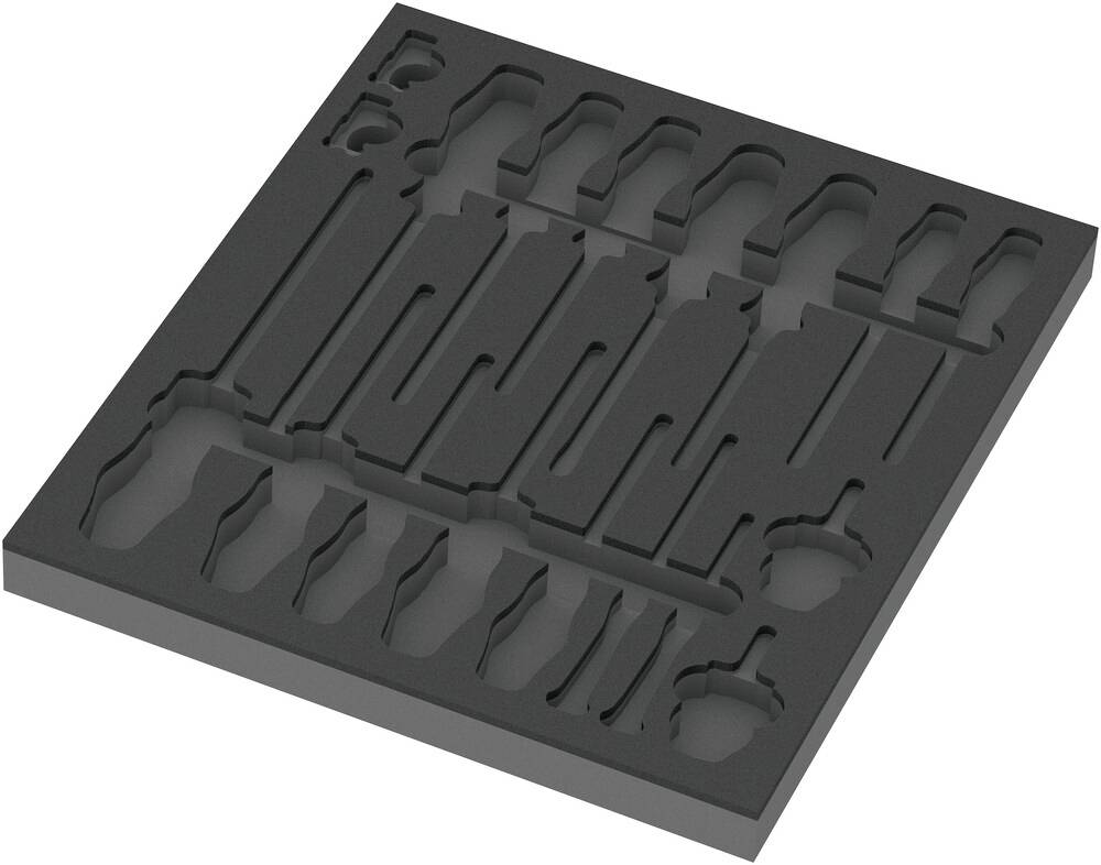 Foam insert with recesses for various tools, ideal for organised storage and protection of tools.