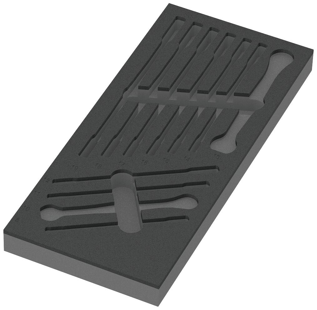 Foam insert with recesses for tools, in a rectangular shape and dark colour.