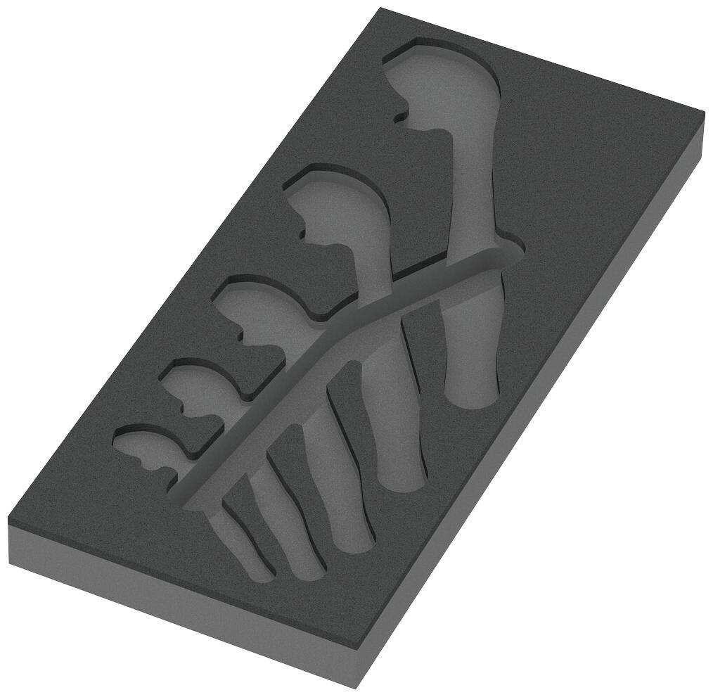 A rectangular foam block with a six-fold, semi-circular, vertical hole pattern for secure storage of elongated objects.