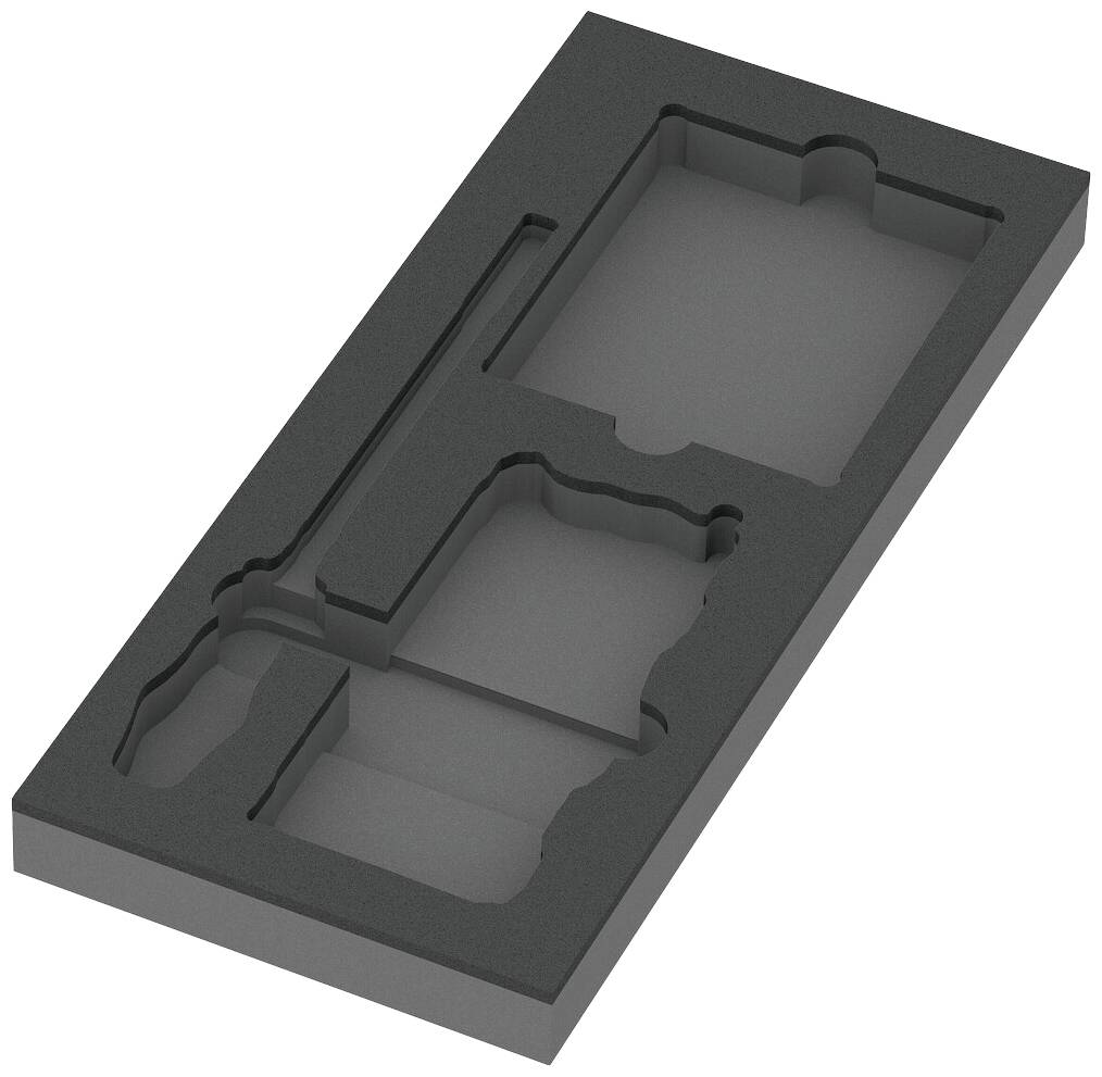 Black foam insert with cut-outs for tools, rectangular shape, custom-made for specific parts.