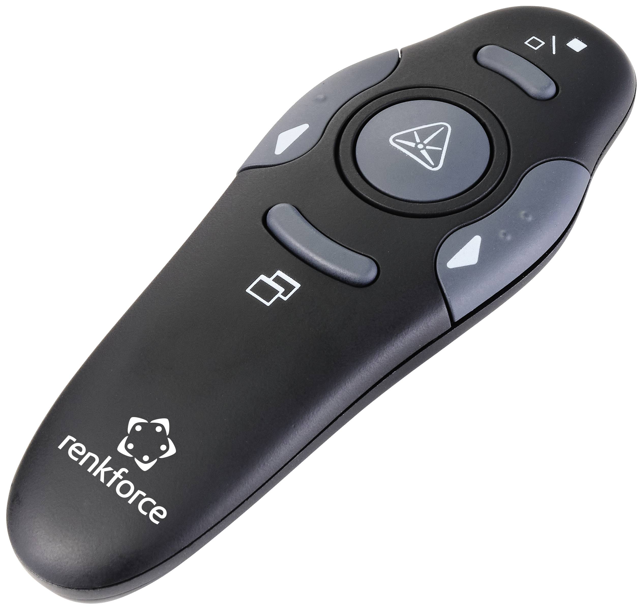 Black wireless presentation pointer with multiple control buttons, including one with a triangular symbol, and the 'renkforce' logo.