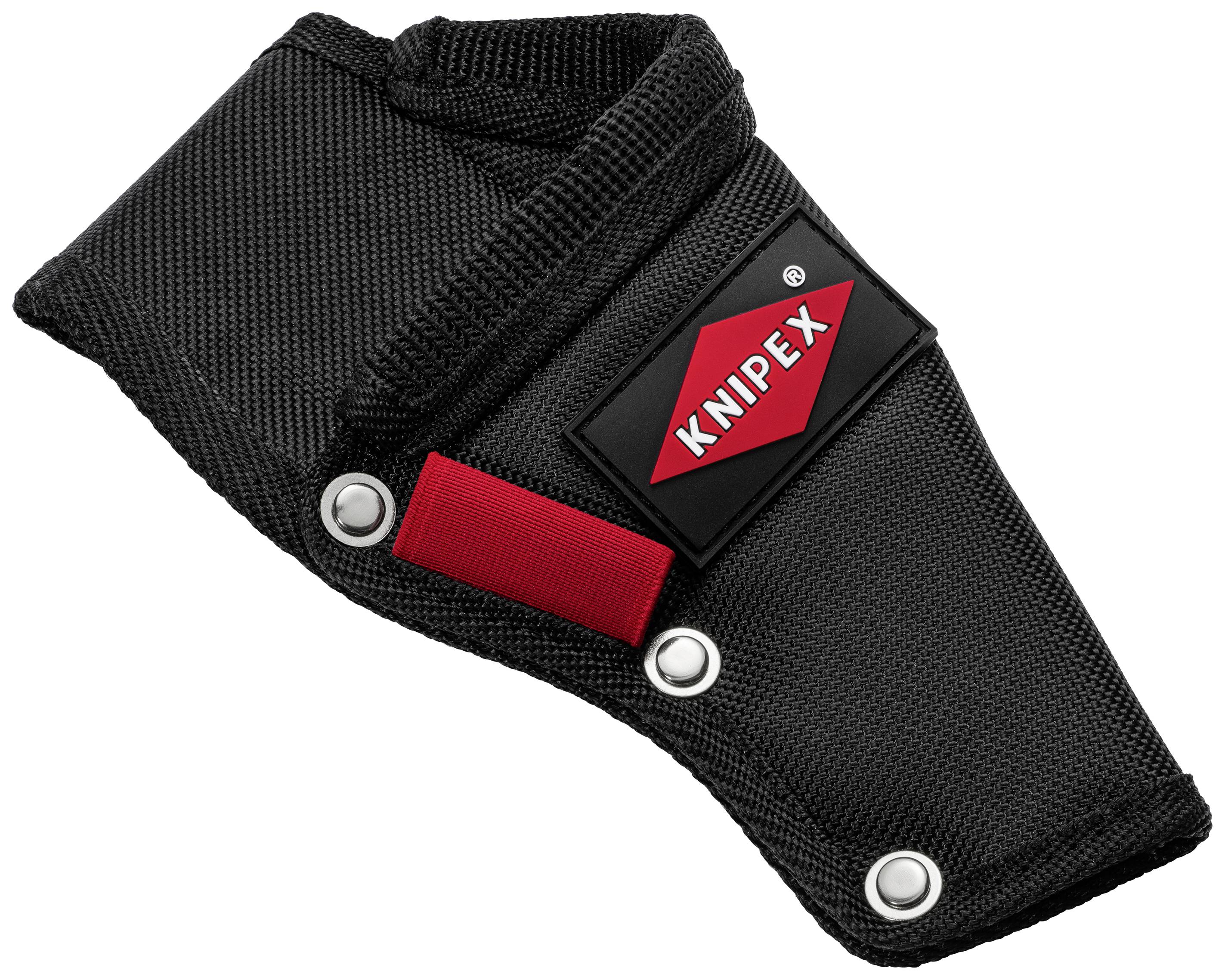 Black tool bag with red Knipex logo and rivets, suitable for attaching to a belt.