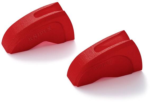 Two red plastic caps for securing cutting edges of bolt cutters.