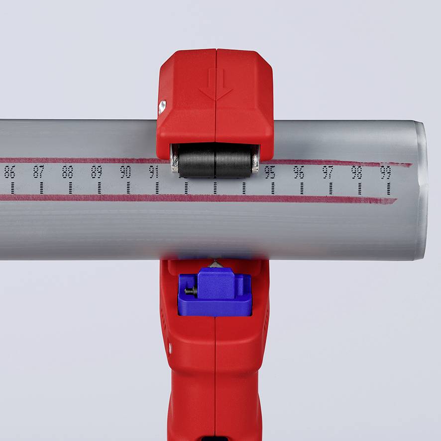 A red measuring instrument is measuring the diameter of a grey cylindrical object. The scale shows the range from 86 to 96 millimetres.