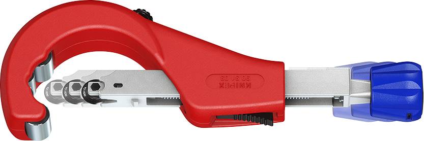 A red pipe cutter with a blue rotating cap, suitable for precisely cutting plastic pipes and other materials.