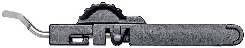 Black metal tool with a small gear and lever, suitable for opening tins. White background.