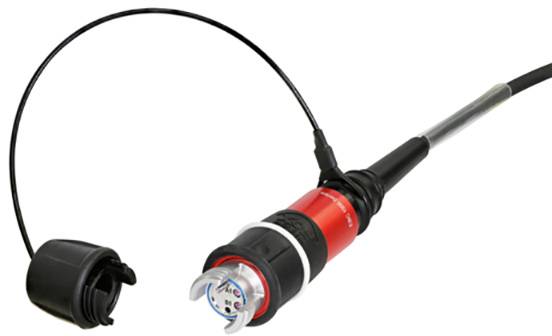 A red cable with a removable black protective cover, showing an L-shaped connection tip. Usable in electrical applications.