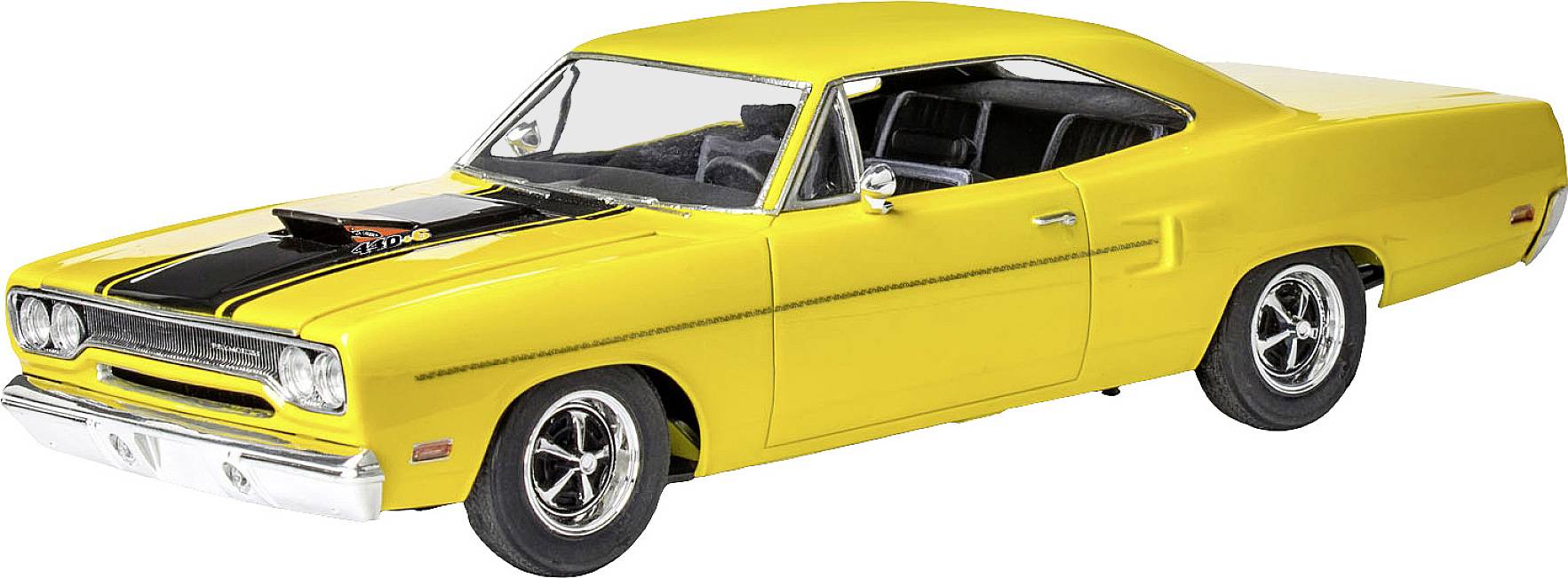 A yellow, classic muscle car with black stripes and chrome wheels stands on a white background.