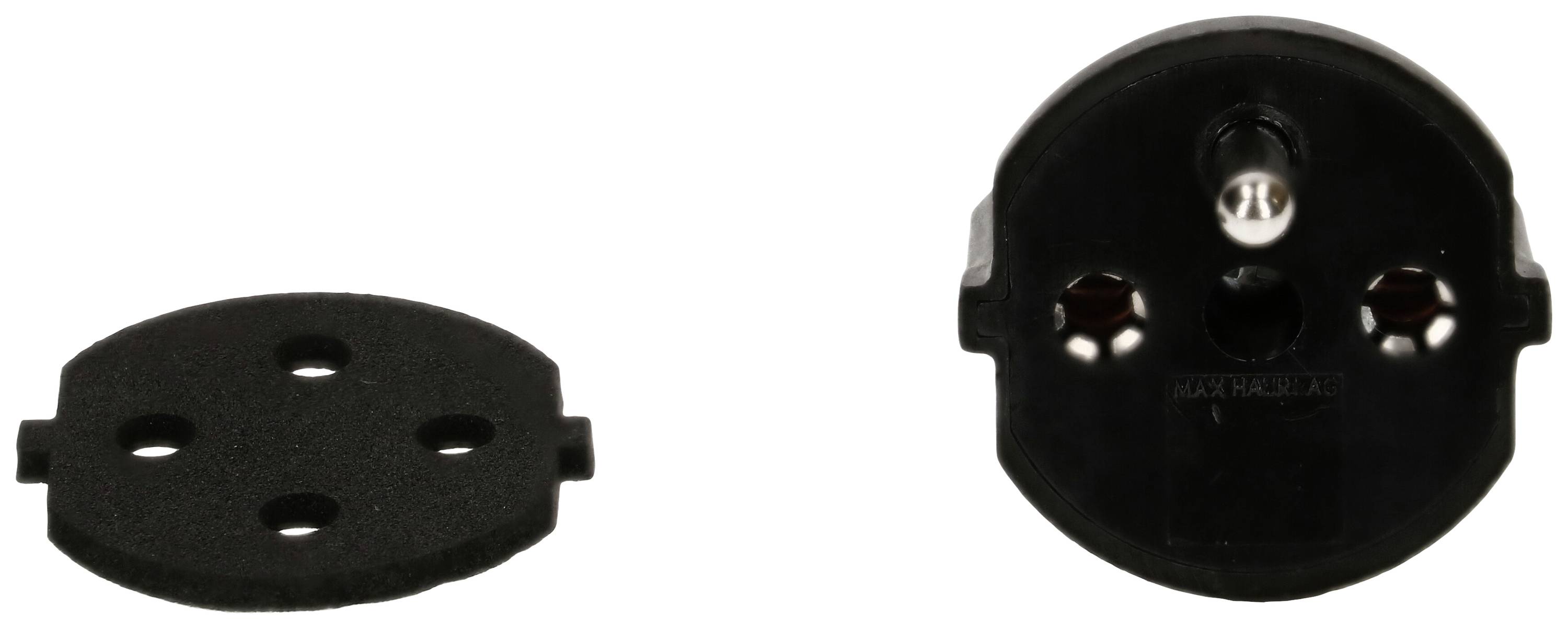 Schuko plug adapter with side view showing contact openings and cover plate used for electrical connections.