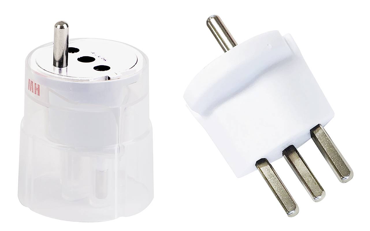 Two white plug adapters, one standing, the other lying down. Both have two round pins and a slightly thicker, middle pin.
