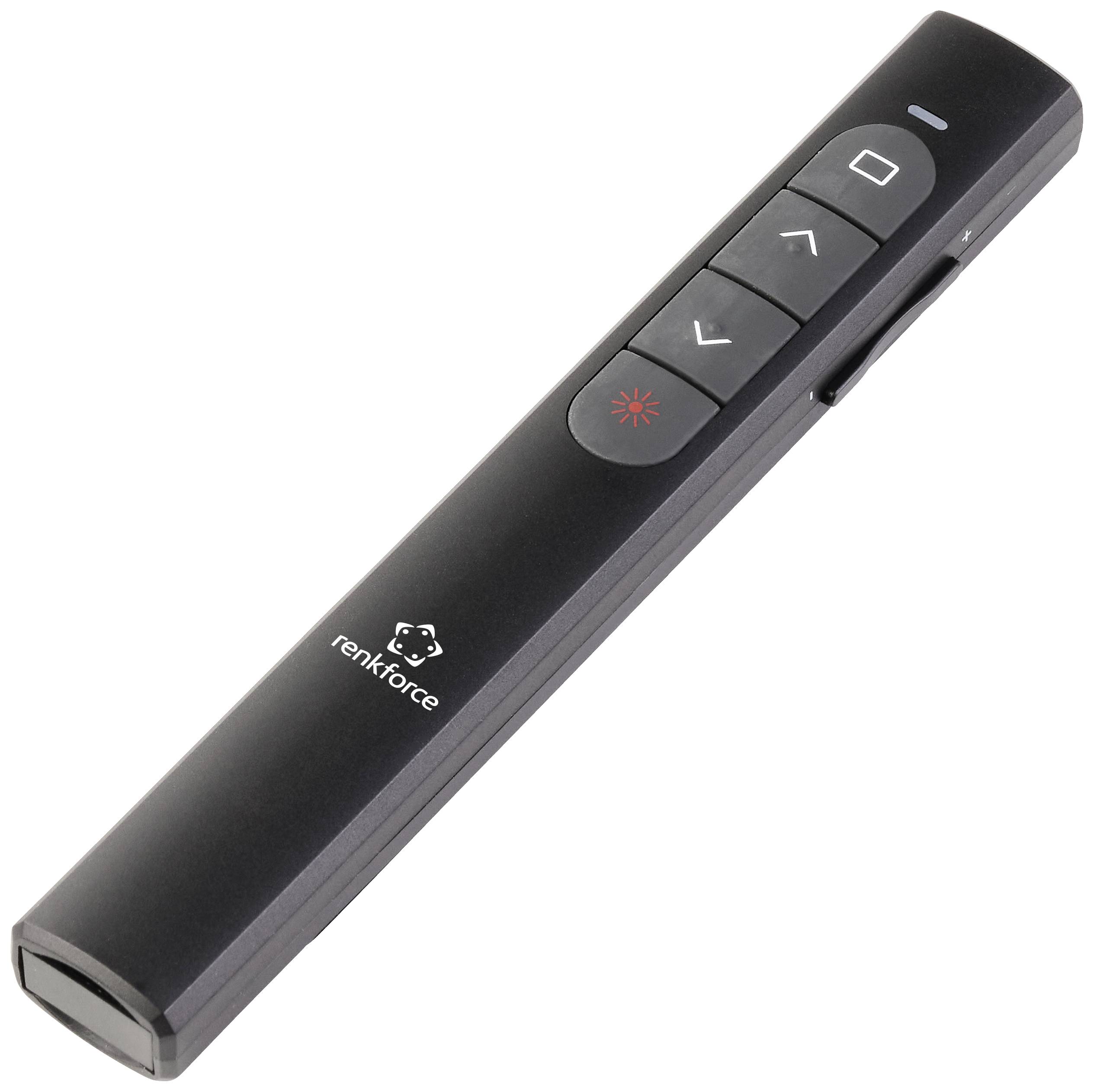 A black presenter with a laser pointer and buttons for presentation control: forward, back, and laser buttons.