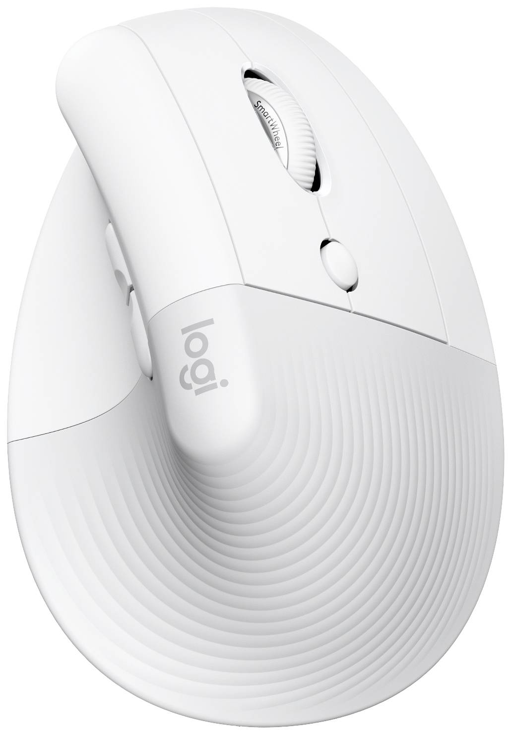 A wireless ergonomic computer mouse in white with a curved design and side-mounted scroll wheel, with the 