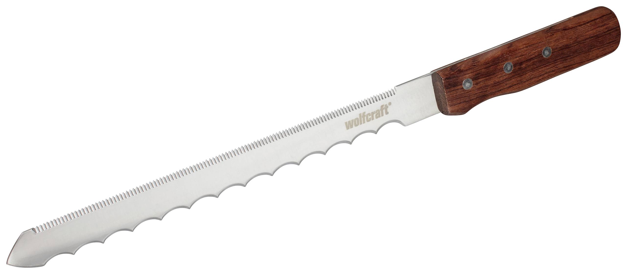 Large bread knife with serrated edge and wooden handle, suitable for cutting large loaves or similar applications.
