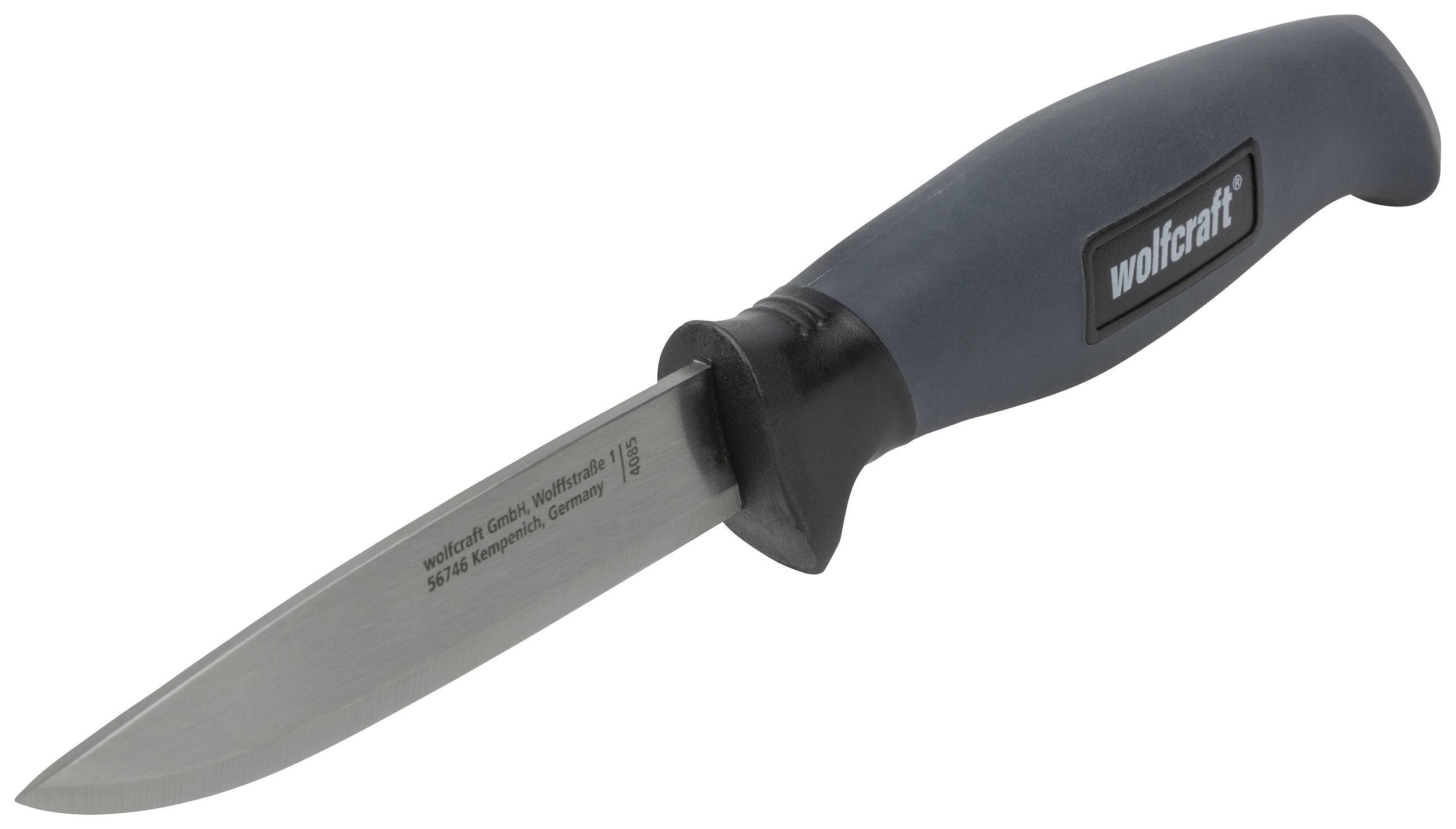 A grey knife with a black handle and the inscription 'Wolfcraft'.