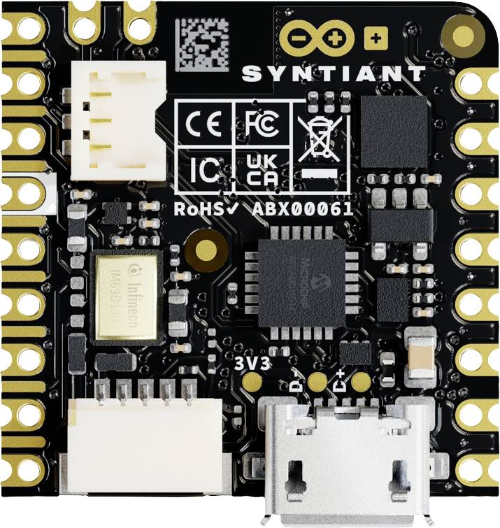 A microcontroller board with a USB-C port, integrated circuit chip, and various electronic components. Manufacturer logos are visible at the top.