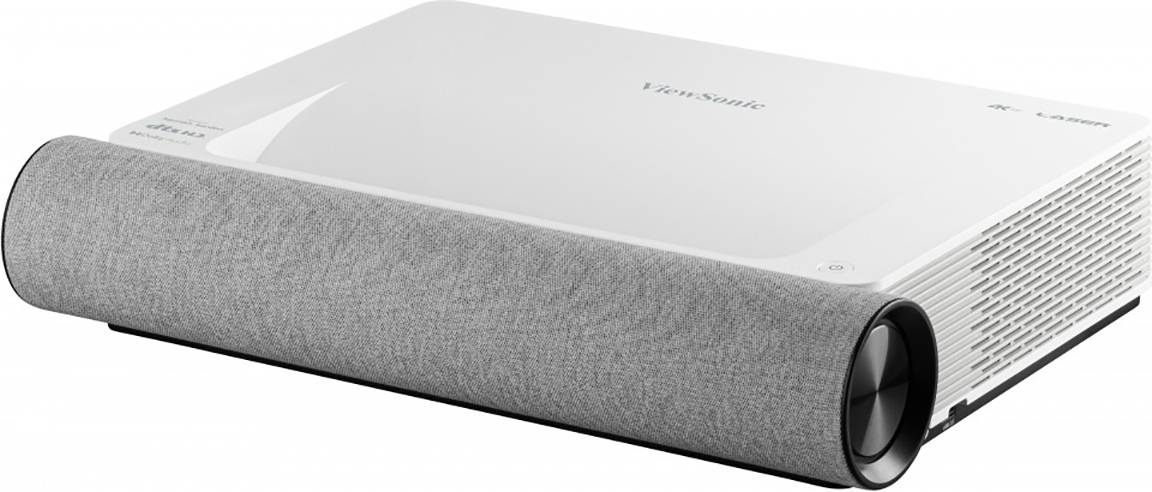 A modern, slim projector with a grey fabric border and a lens element on the side.