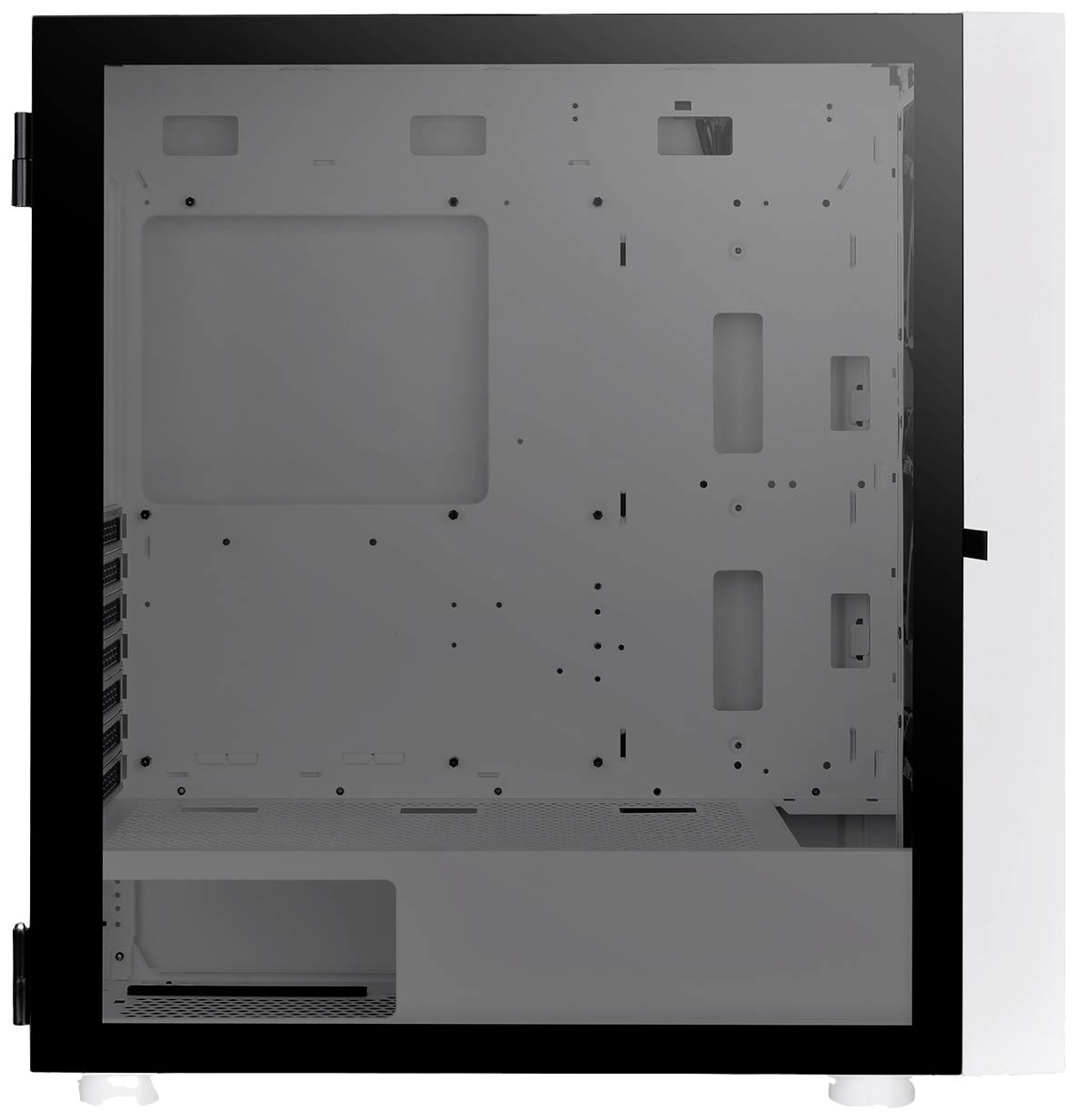 PC case with an open interior and transparent side panel, showing mounting bays for components, suitable for custom computer builds.