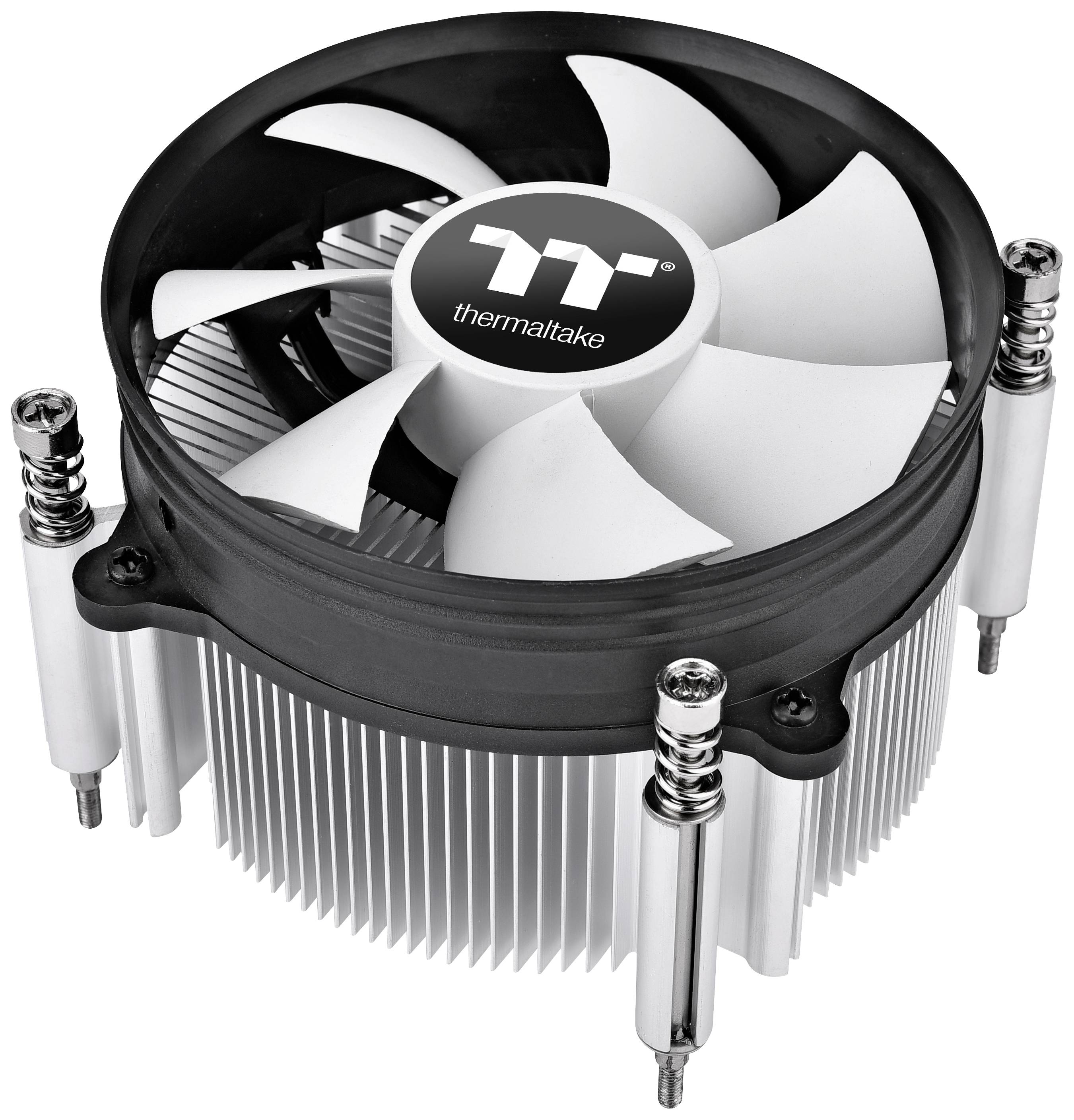 A Thermaltake CPU cooler with a black fan and silver fins, suitable for cooling processors.