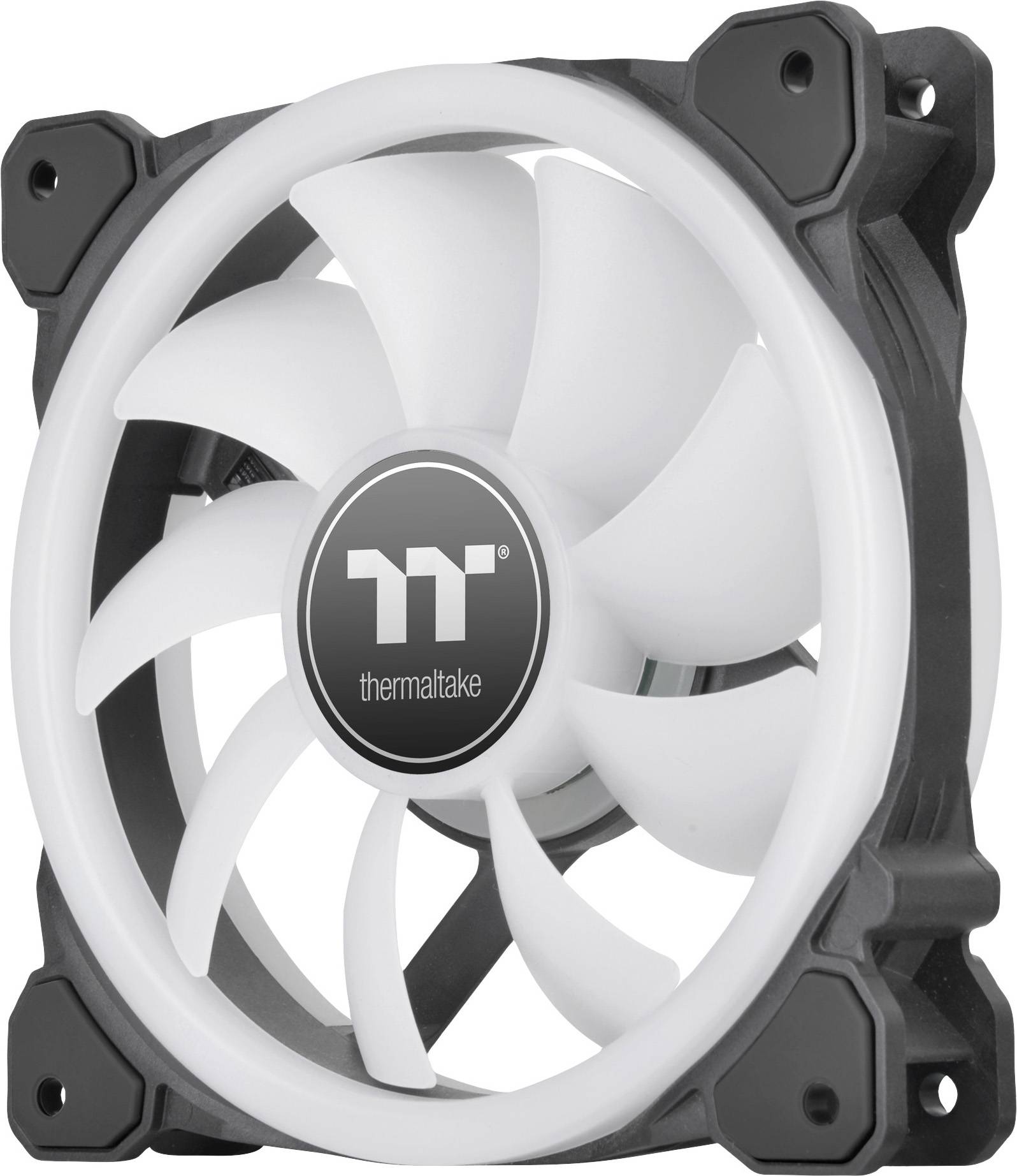 Ein weißer, leuchtender Computerlüfter mit schwarzem Rahmen und dem Logo 'thermaltake' in der Mitte.