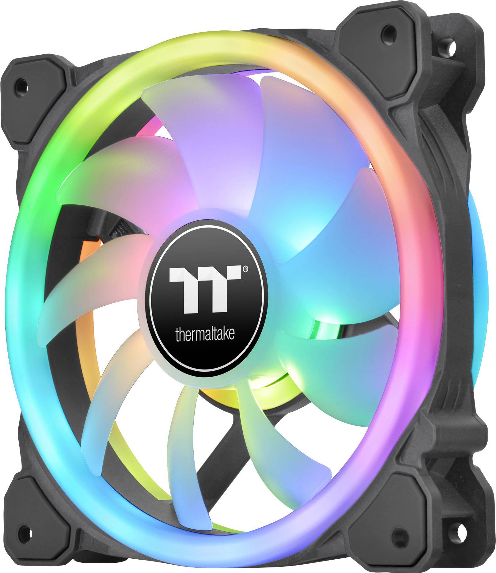 A computer fan with RGB lighting in various colours. The logo in the centre shows 'Thermaltake'.