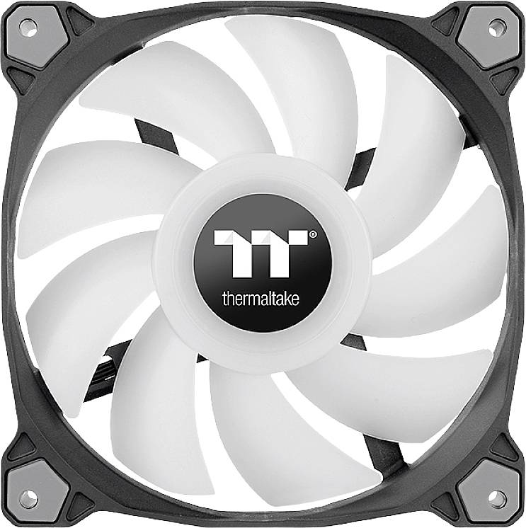 Computer case fan with white LED lighting in a square frame, central 'Thermaltake' logo.