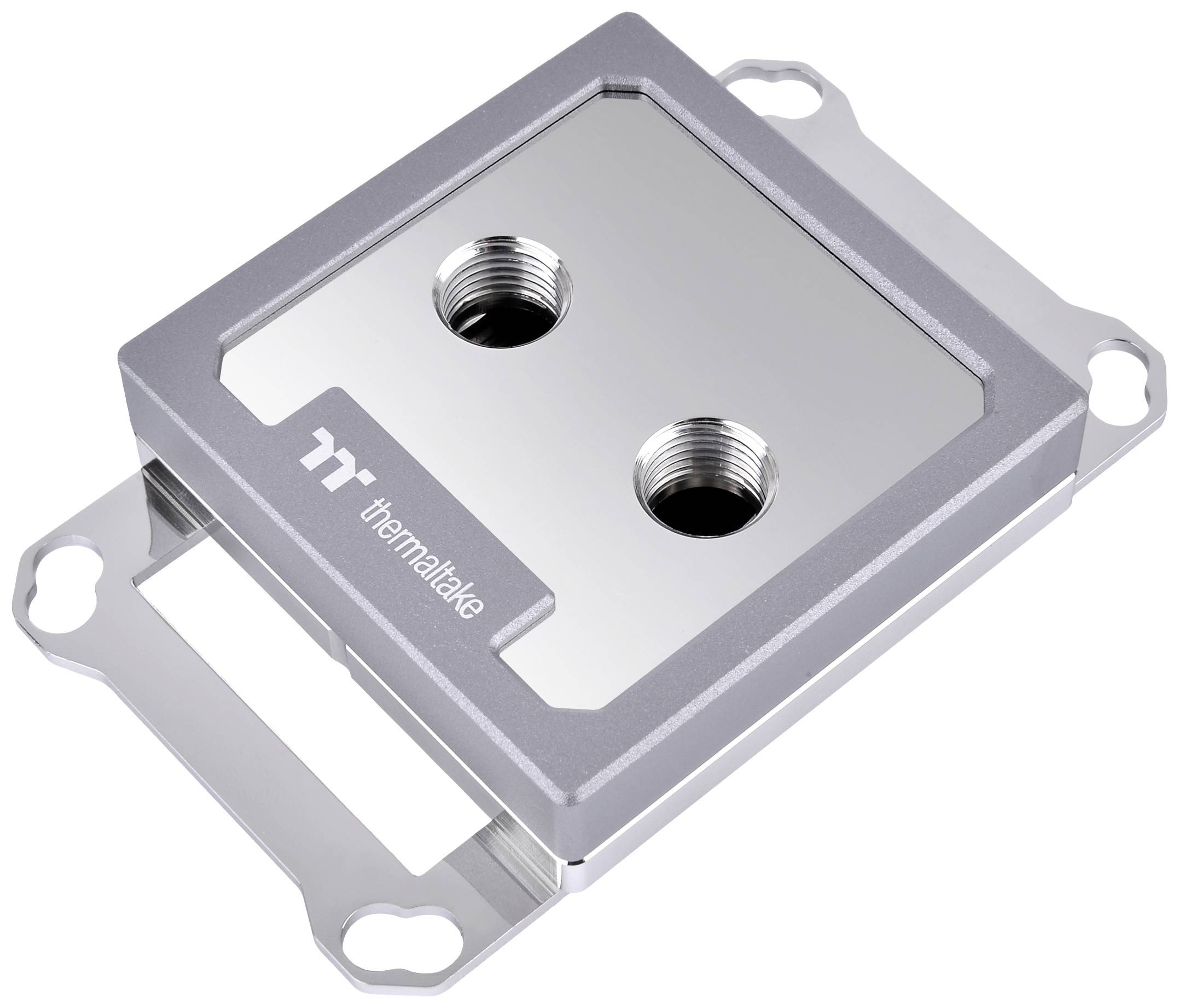 Silver heatsink block with two connectors at the top and the 'Thermaltake' logo in the corner, designed for cooling computer hardware.