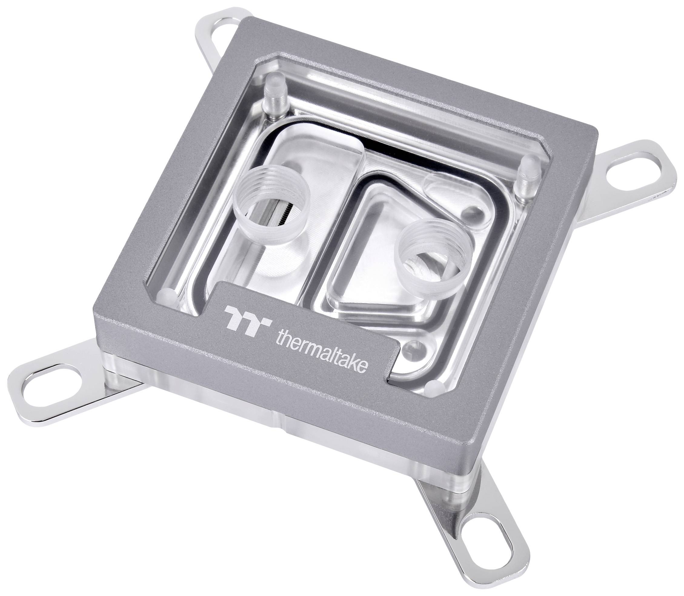 Metal and transparent water-cooling CPU block with two connections and Thermaltake logo, designed for cooling computer processors.