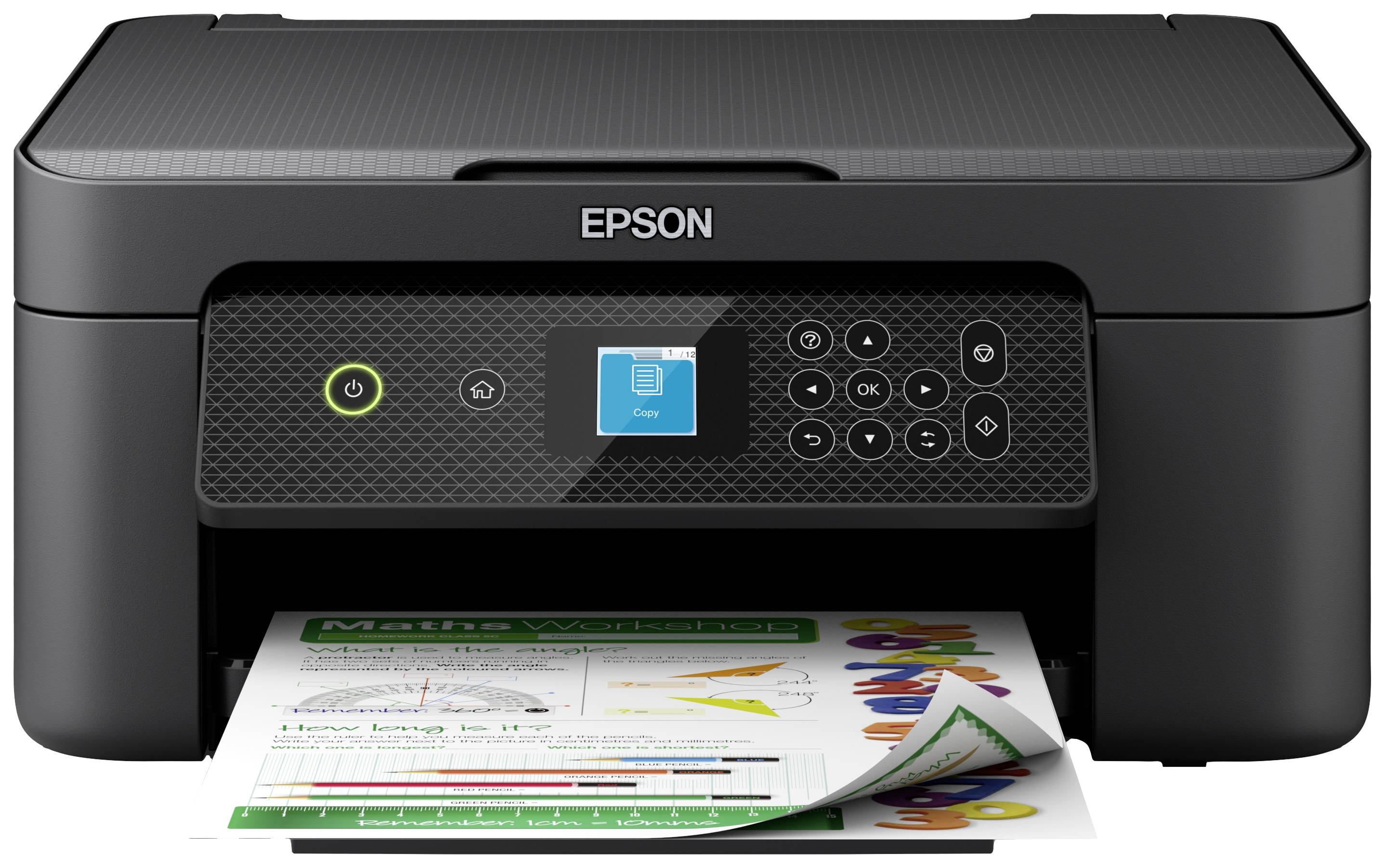 A black printer printing a coloured page with diagrams and text.