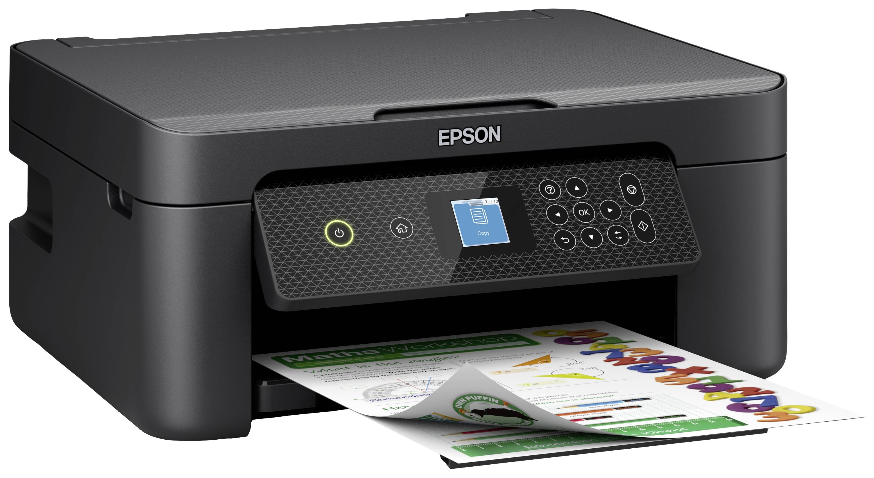 Black multifunction printer, printing a colour document with diagrams and text. Control panel displays a printer icon.